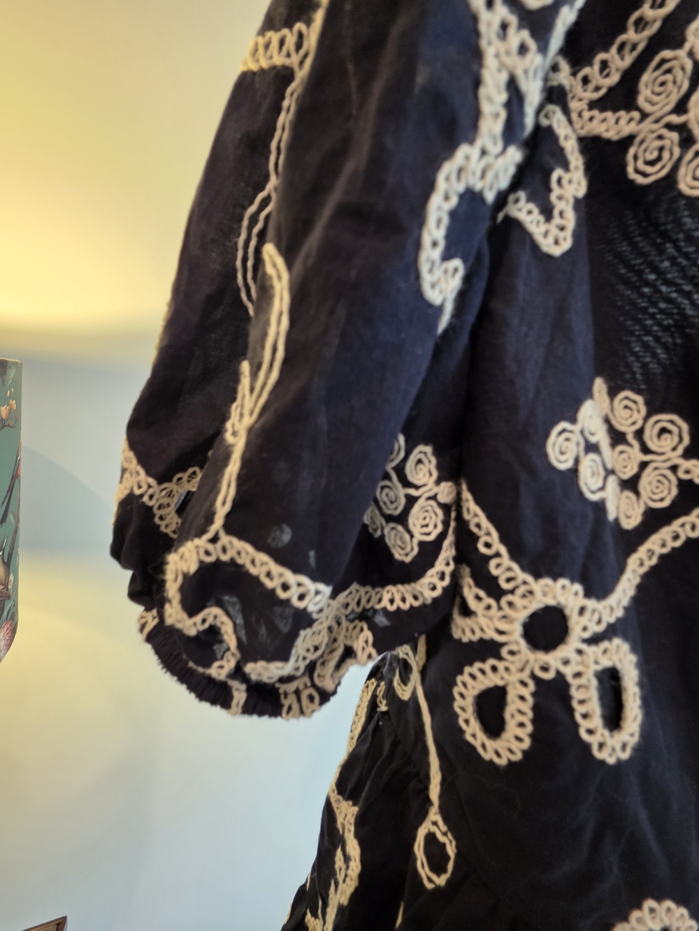 Black Embroidered Cotton Puff-Sleeve Midi Dress Cottagecore Coquette Size XS - Picture 4 of 13
